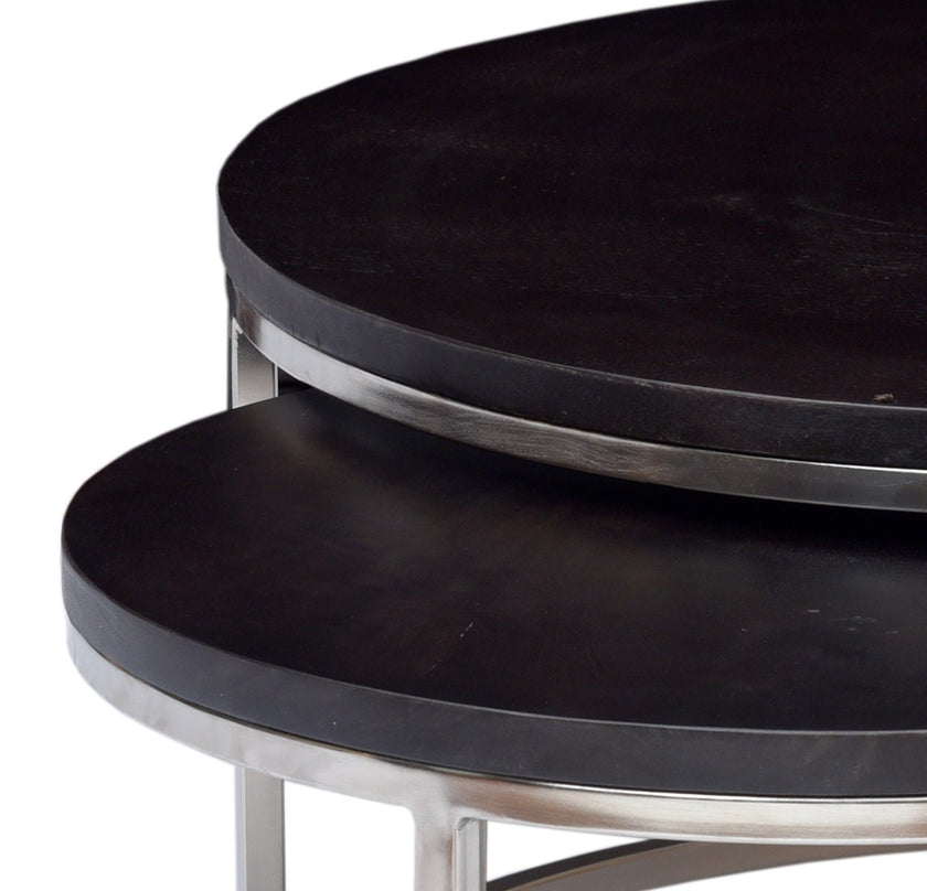 Axton round coffee table dark wood tops and silver metal rims close-up