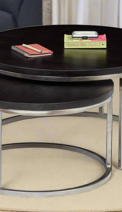Axton Round Coffee Table Set –Wood Top with Shiny Silver Iron Base (Set of 2) - Induscraft