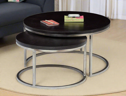 Axton Round Coffee Table Set –Wood Top with Shiny Silver Iron Base (Set of 2) - Induscraft