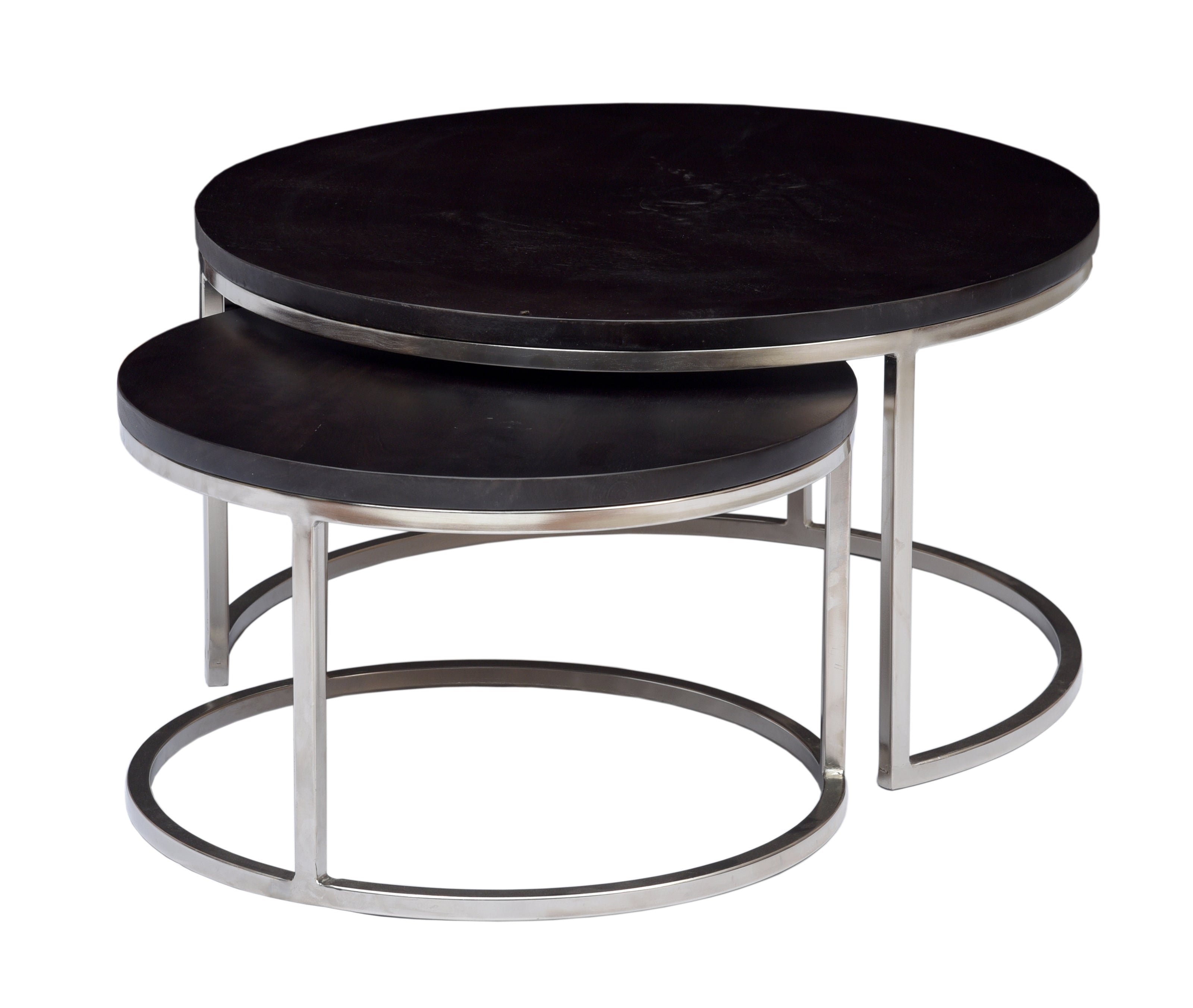 Axton Round Coffee Table Set –Wood Top with Shiny Silver Iron Base (Set of 2) - Induscraft