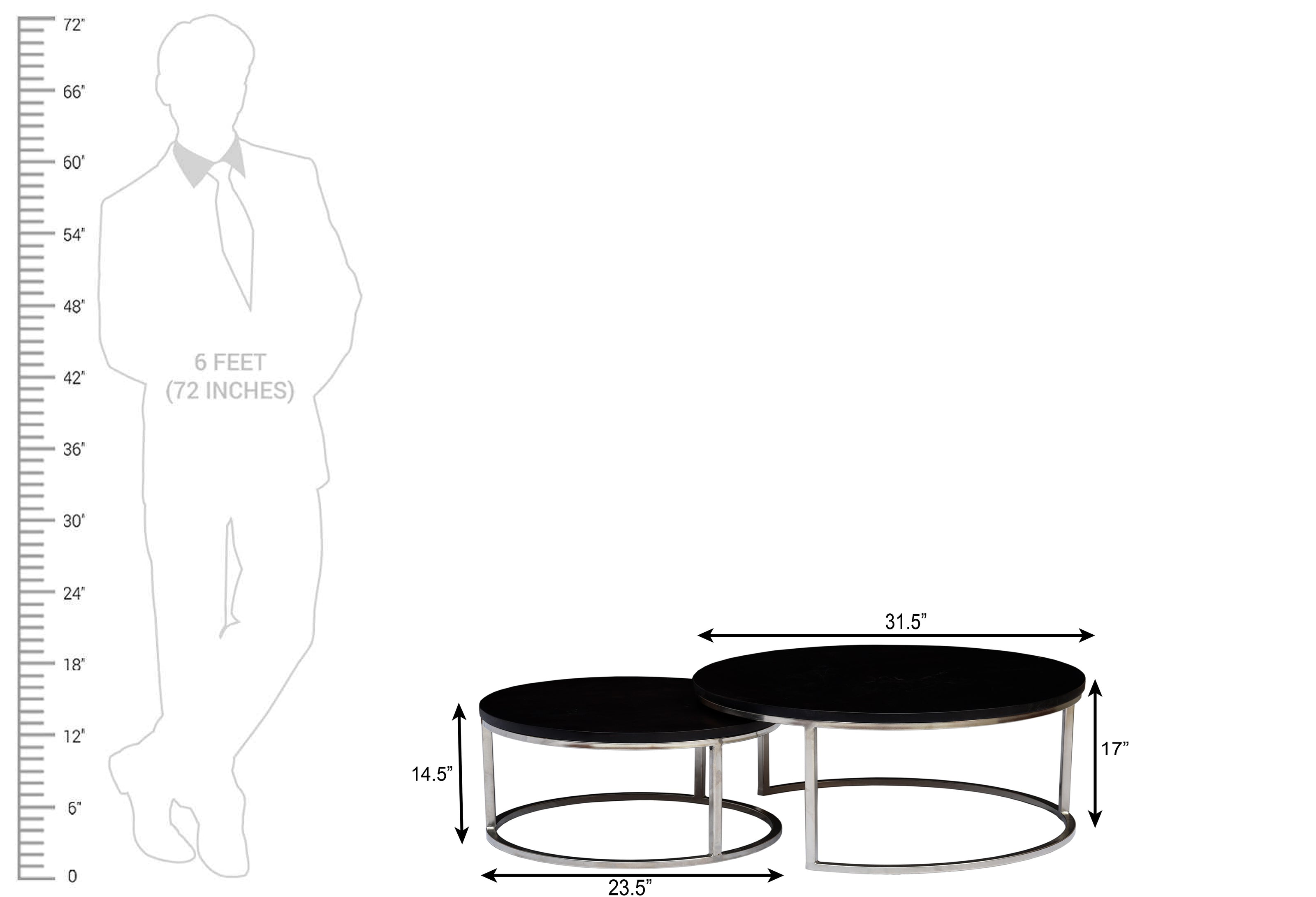 Axton Round Coffee Table Set –Wood Top with Shiny Silver Iron Base (Set of 2) - Induscraft