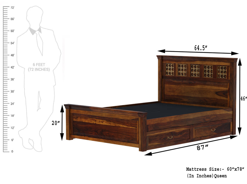 Heritage Style Sheesham Wood Bed with Brass Inlay Headboard - Induscraft