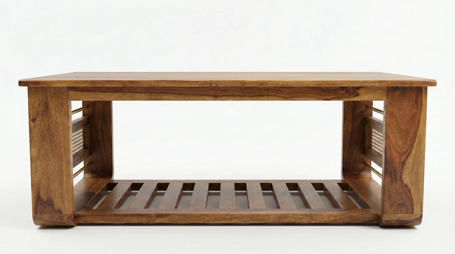 Brahmika sheesham wood coffee table front view with slatted bottom shelf