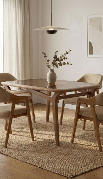 Brendon 4 seater glass top dining table with upholstered chairs in modern dining interior.