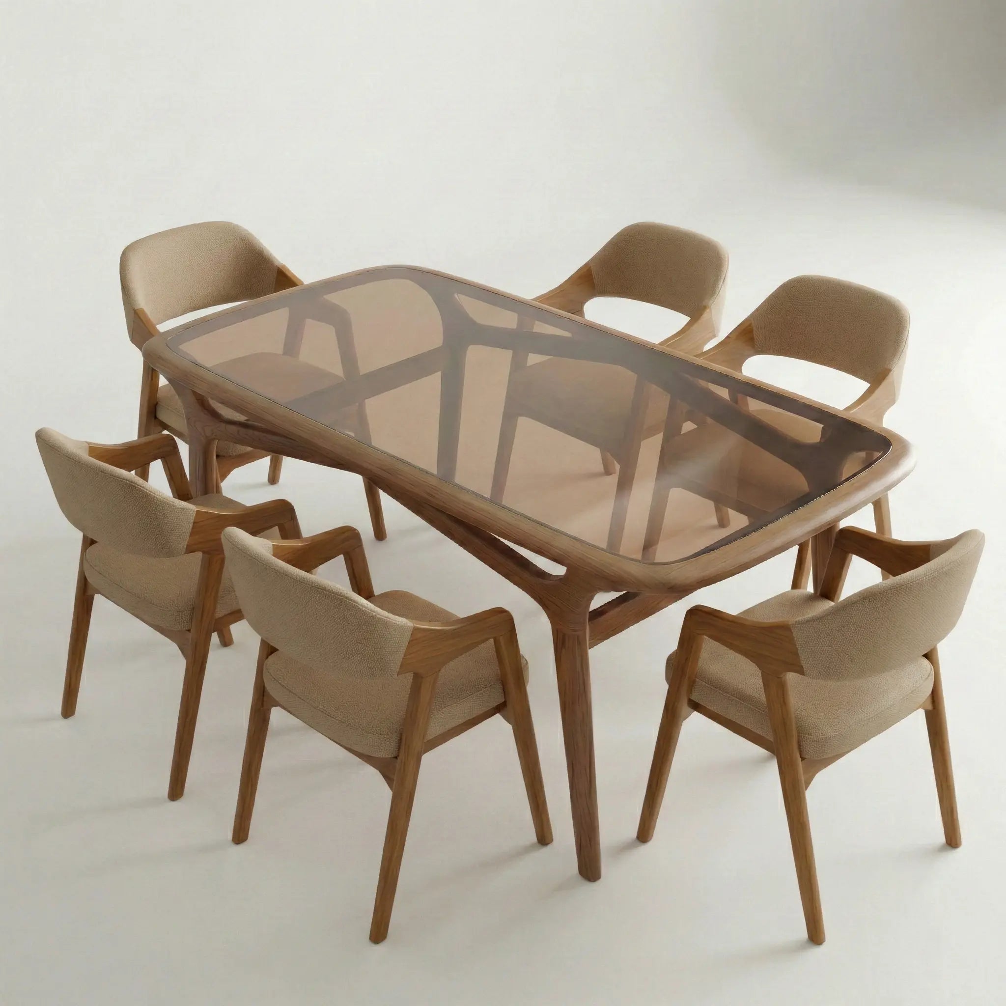 Brendon 6 seater glass top dining table set with upholstered chairs and solid wood frame.