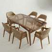 Brendon 6 seater glass top dining table set with upholstered chairs and solid wood frame.