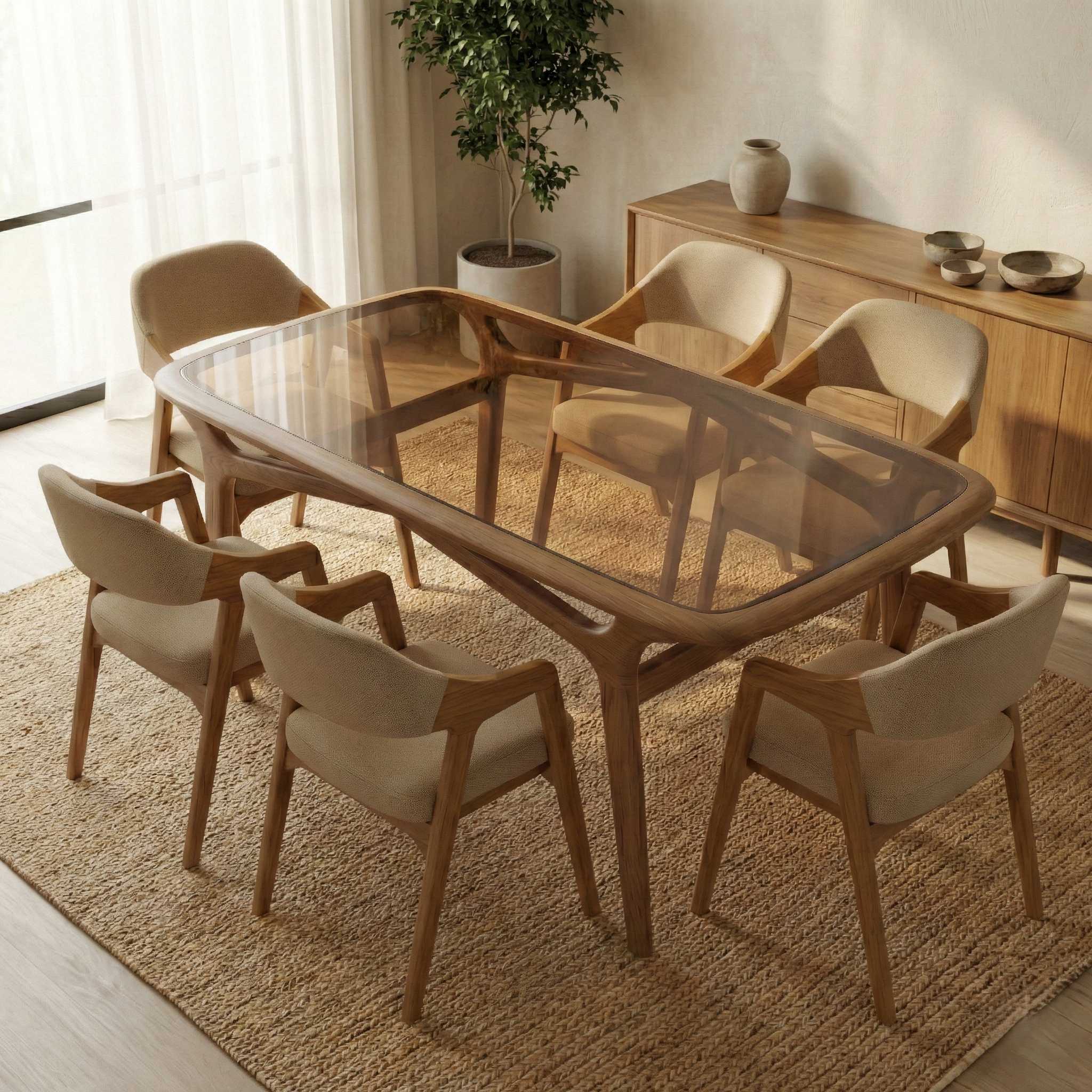 Brendon modern wood and glass dining table set styled in contemporary dining room with upholstered chairs.