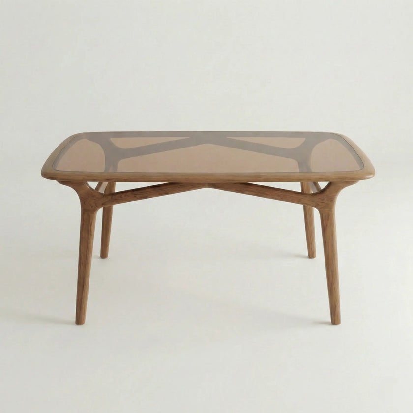 Front view of Brendon wood and glass dining table with sculpted wooden base.