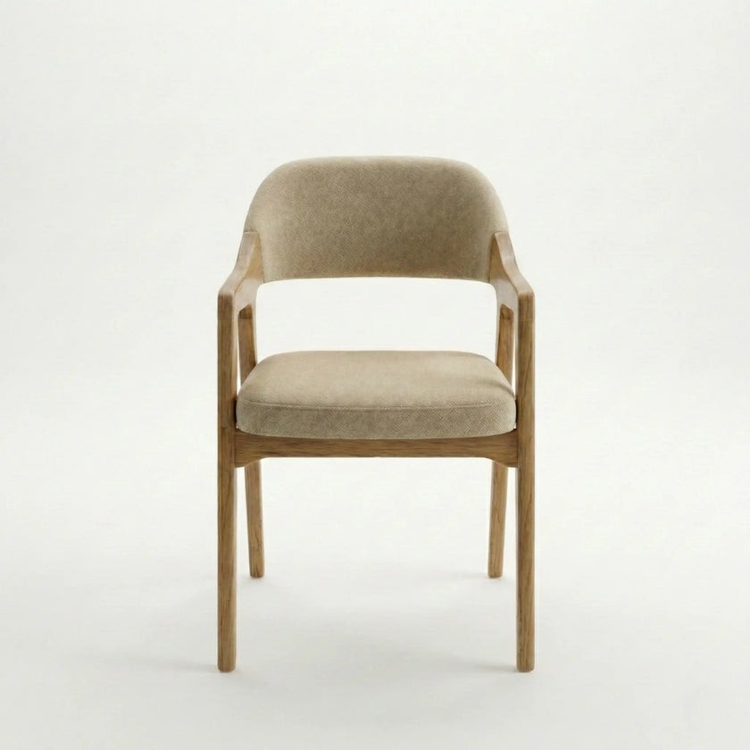 Front view of Brendon upholstered dining chair featuring solid wood legs and padded fabric seating.