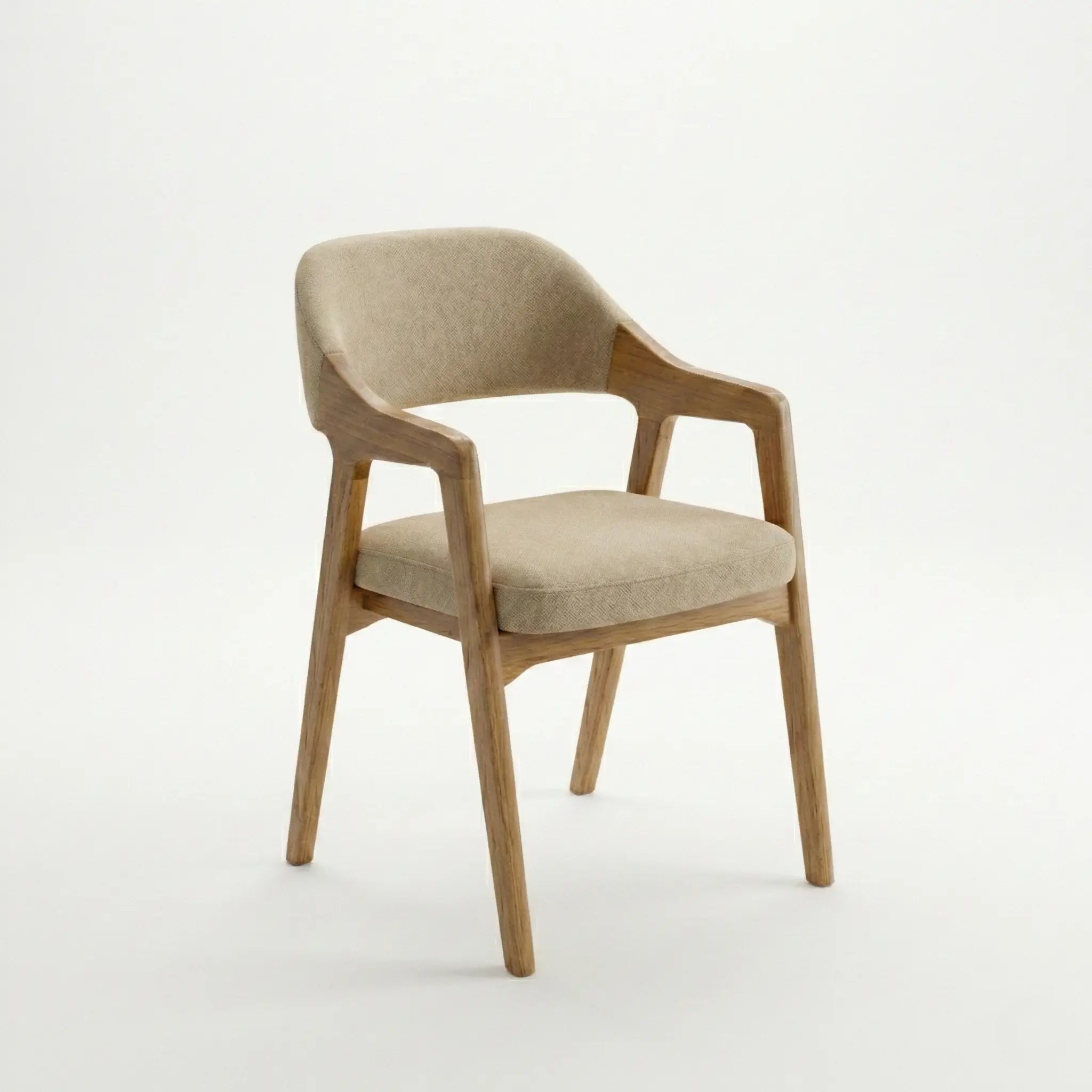 Angled view of Brendon wooden dining chair with upholstered seat and sculpted armrest design.