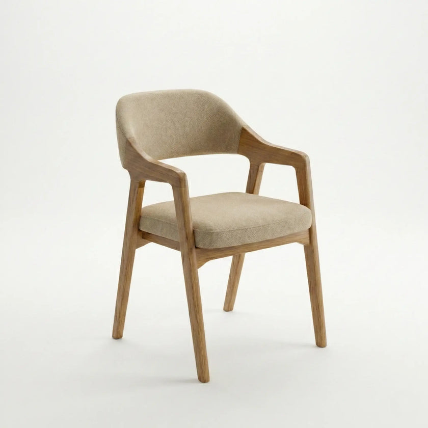 Angled view of Brendon wooden dining chair with upholstered seat and sculpted armrest design.