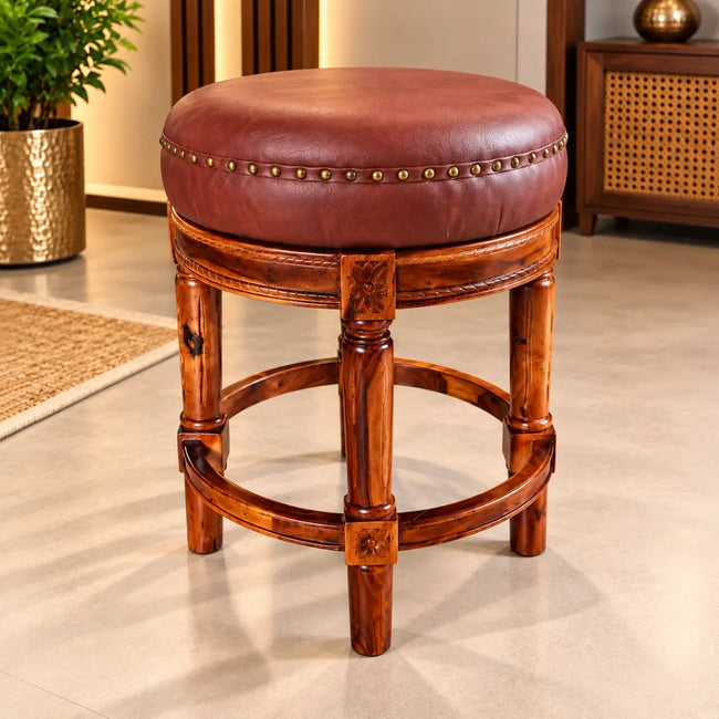 Antanio Carved Round Wooden Stool with Cushion Seat