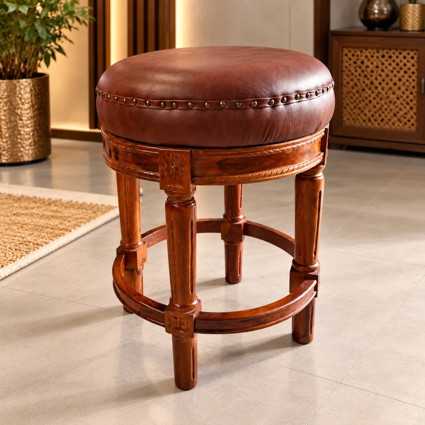 Chakravan Carved Round Wooden Stool with Cushion Seat
