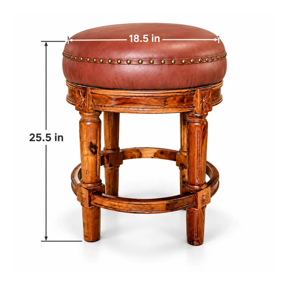 Chakravan Carved Round Wooden Stool with Cushion Seat