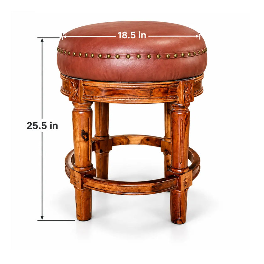 Chakravan Carved Round Wooden Stool with Cushion Seat