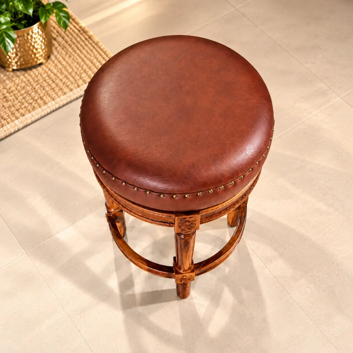 Chakravan Carved Round Wooden Stool with Cushion Seat