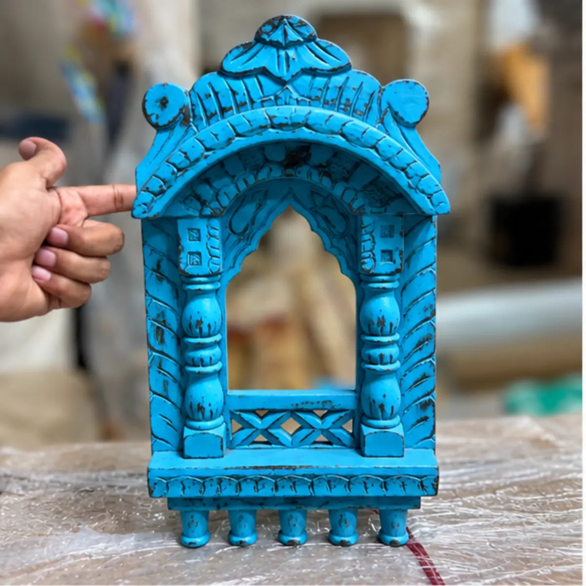 Chhatrika Carved Wooden Jharokha Wall Decor with Domed Top