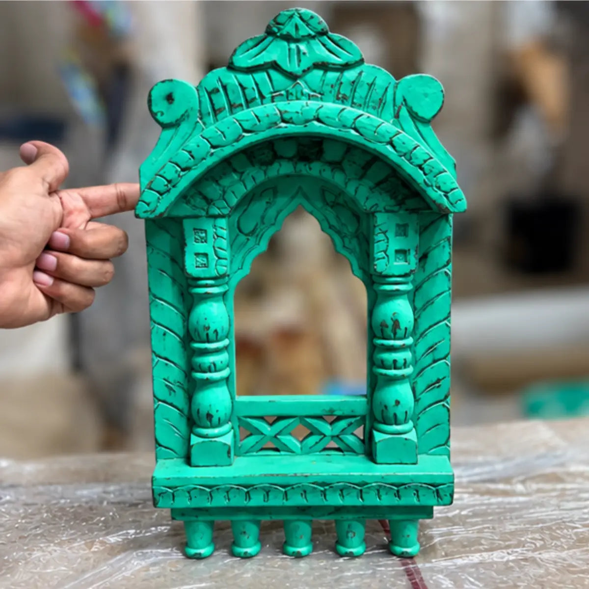 Chhatrika Carved Wooden Jharokha Wall Decor with Domed Top