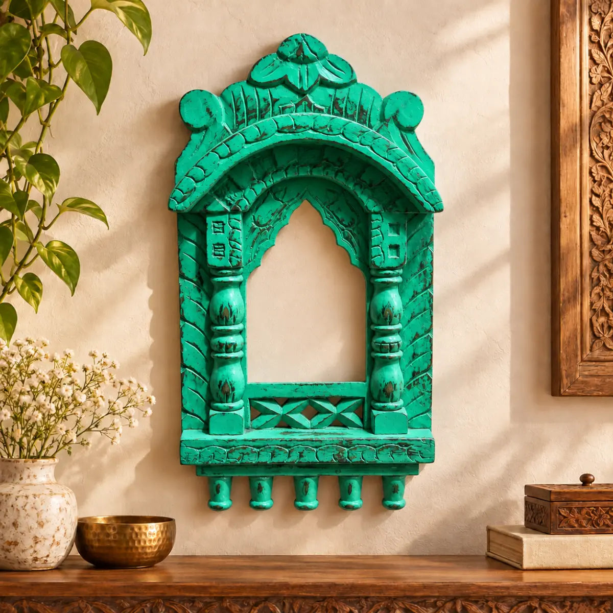 Chhatrika Carved Wooden Jharokha Wall Decor with Domed Top