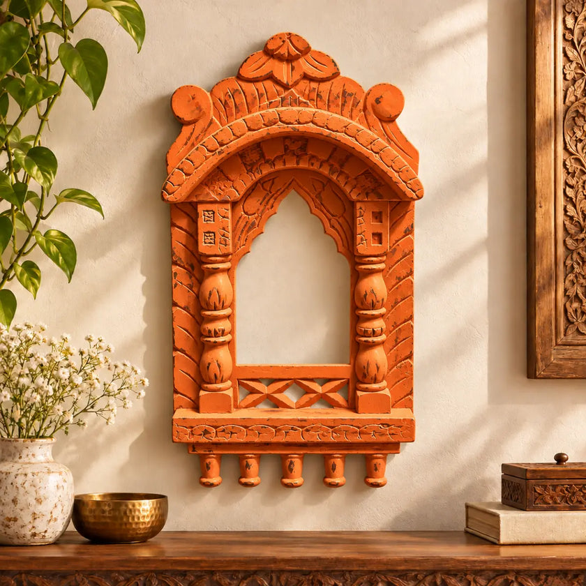 Chhatrika Carved Wooden Jharokha Wall Decor with Domed Top