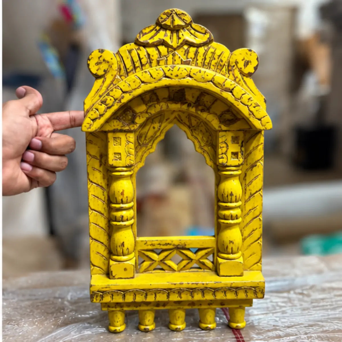 Chhatrika Carved Wooden Jharokha Wall Decor with Domed Top