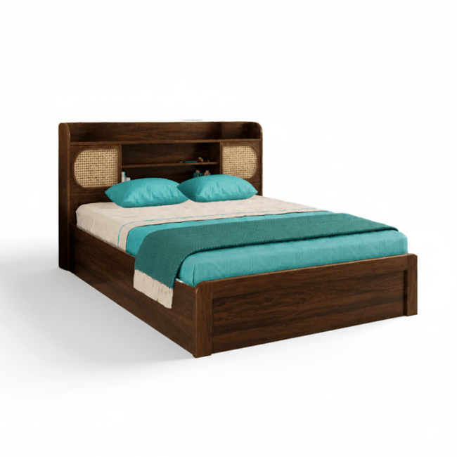 Cosmo Cane Panel Headboard Storage Solid Sheesham Wood Bed