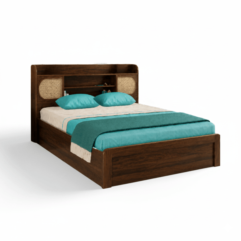 Cosmo Cane Panel Headboard Storage Solid Sheesham Wood Bed