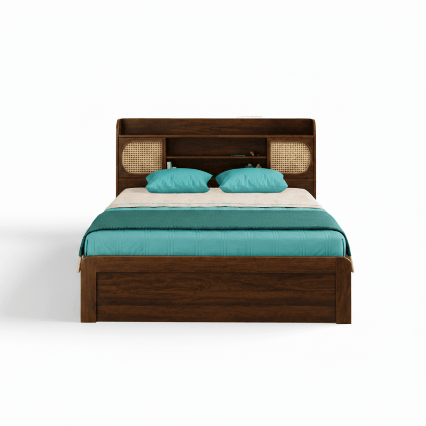 Cosmo Cane Panel Headboard Storage Solid Sheesham Wood Bed
