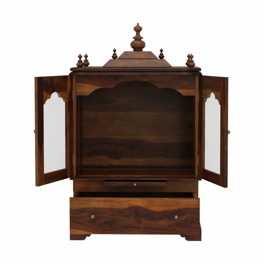 Divine sheesham wood pooja mandir for homewith glass doors and drawer front open-view
