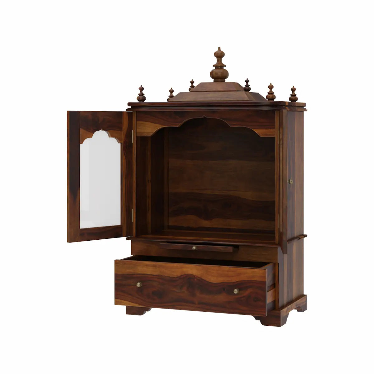 Divine sheesham wood pooja mandir for homewith glass doors and drawer isometric open-view