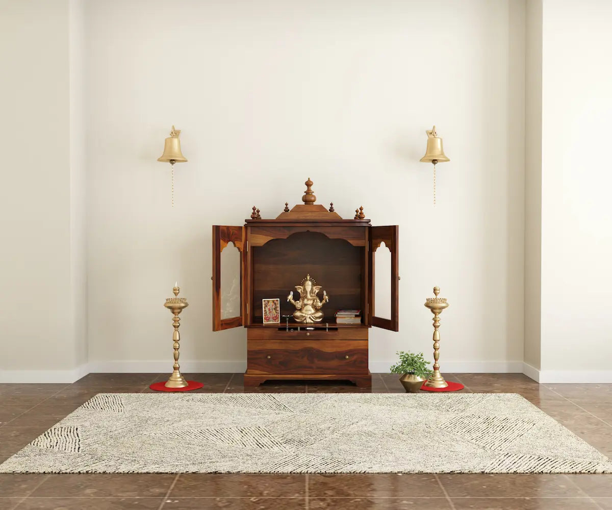 Divine sheesham wood pooja mandir for homewith glass doors and drawer placed against the wall premium interior zoom-out view