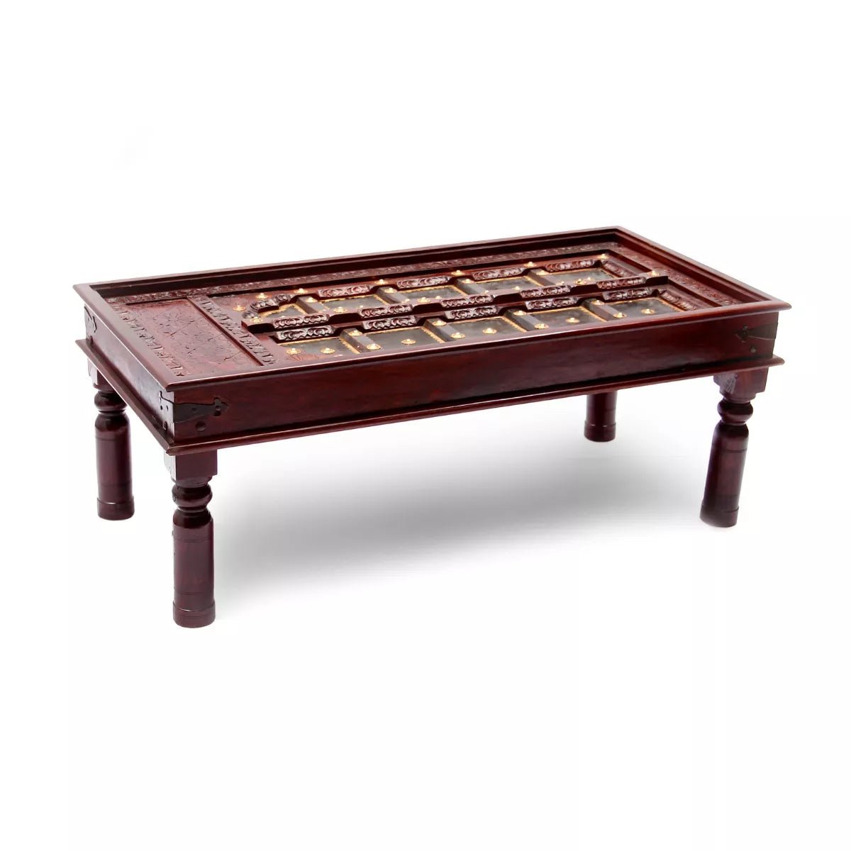 Door panel inspired sheesham wood Rajasthani traditional center table with brass work