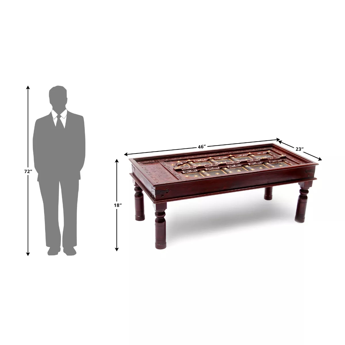 Door panel sheesham center table size chart with human scale reference