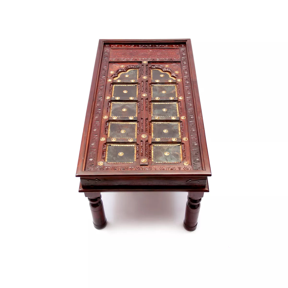 Door panel center table top view showing carved Rajasthani door design