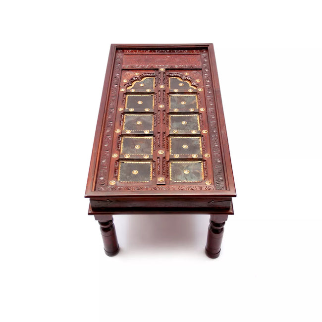Door panel center table top view showing carved Rajasthani door design