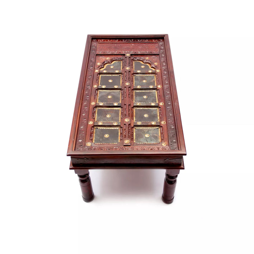 Door panel center table top view showing carved Rajasthani door design