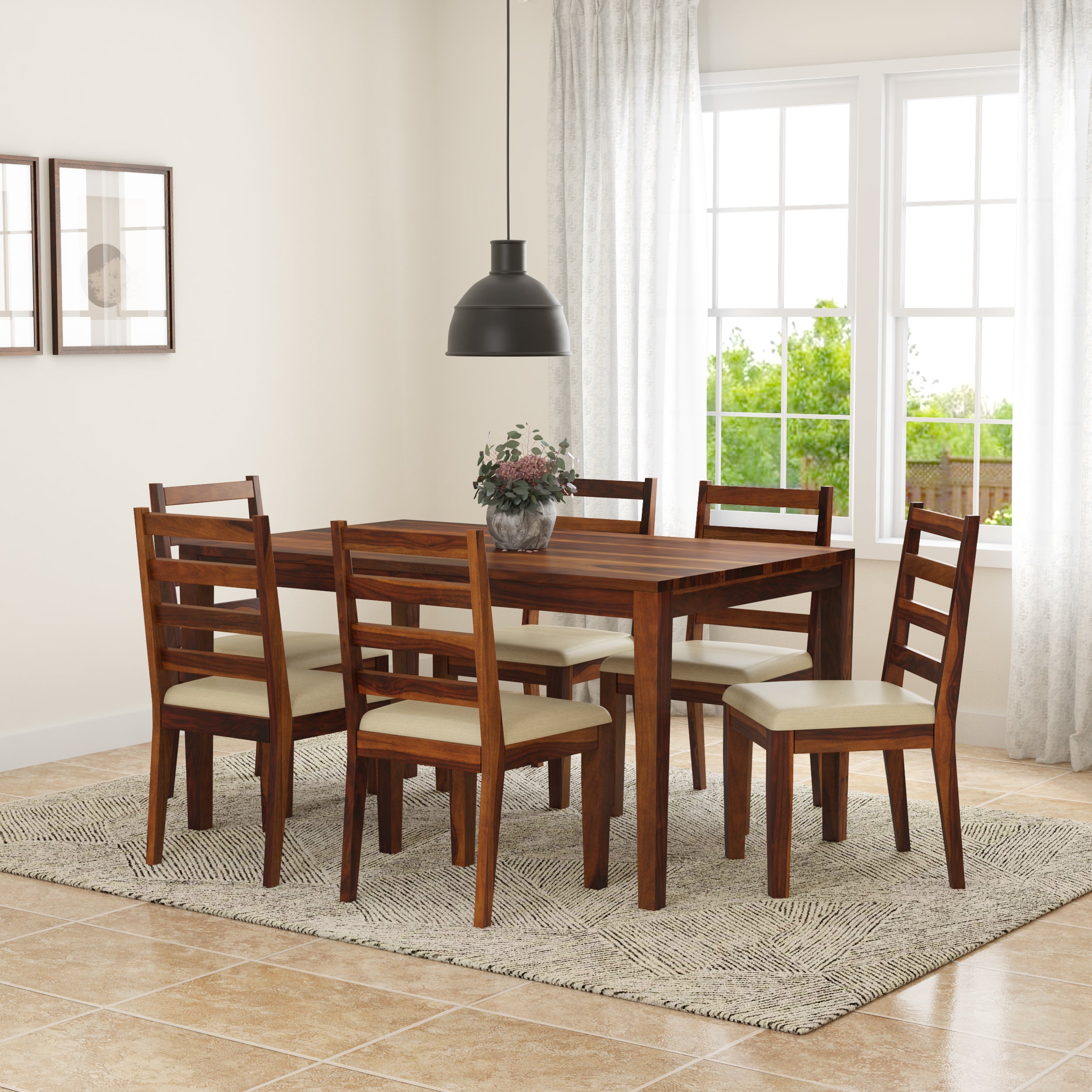 A wooden dining set comprising a rectangular table and six chairs with beige cushions, placed in a room with a window, a pendant light, and a floral arrangement on the table.