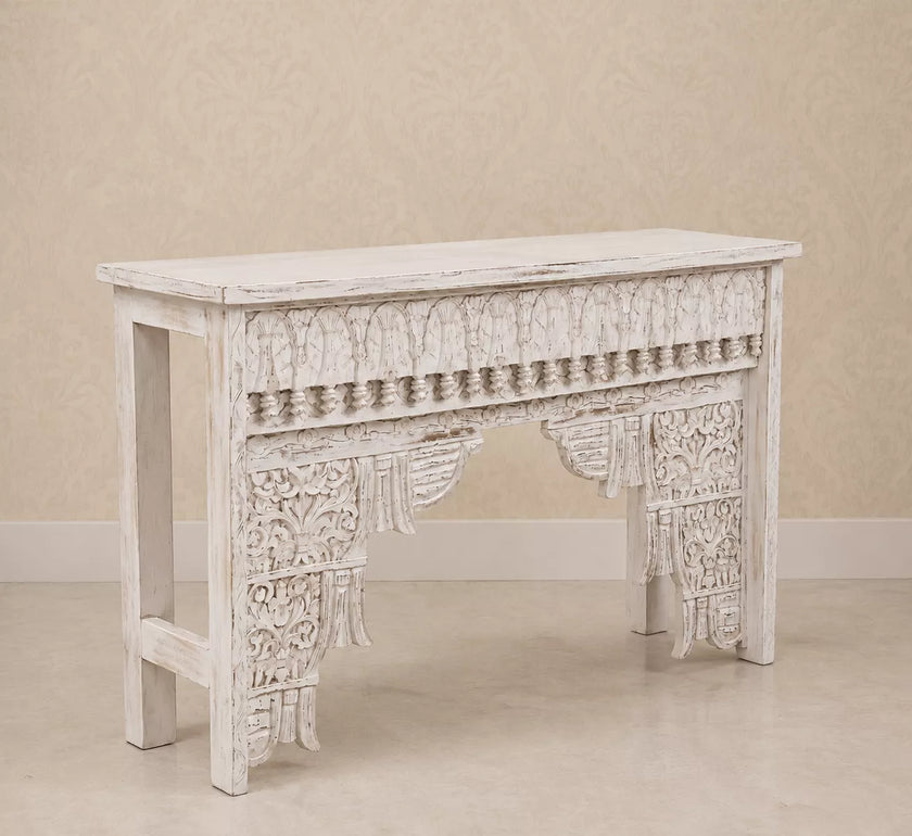 Eka Carved Dressing Table with Mirror in Distressed White