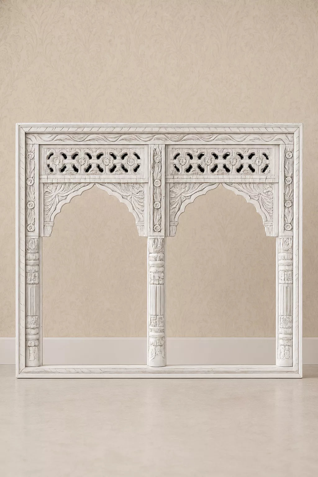 Eka Carved Dressing Table with Mirror in Distressed White