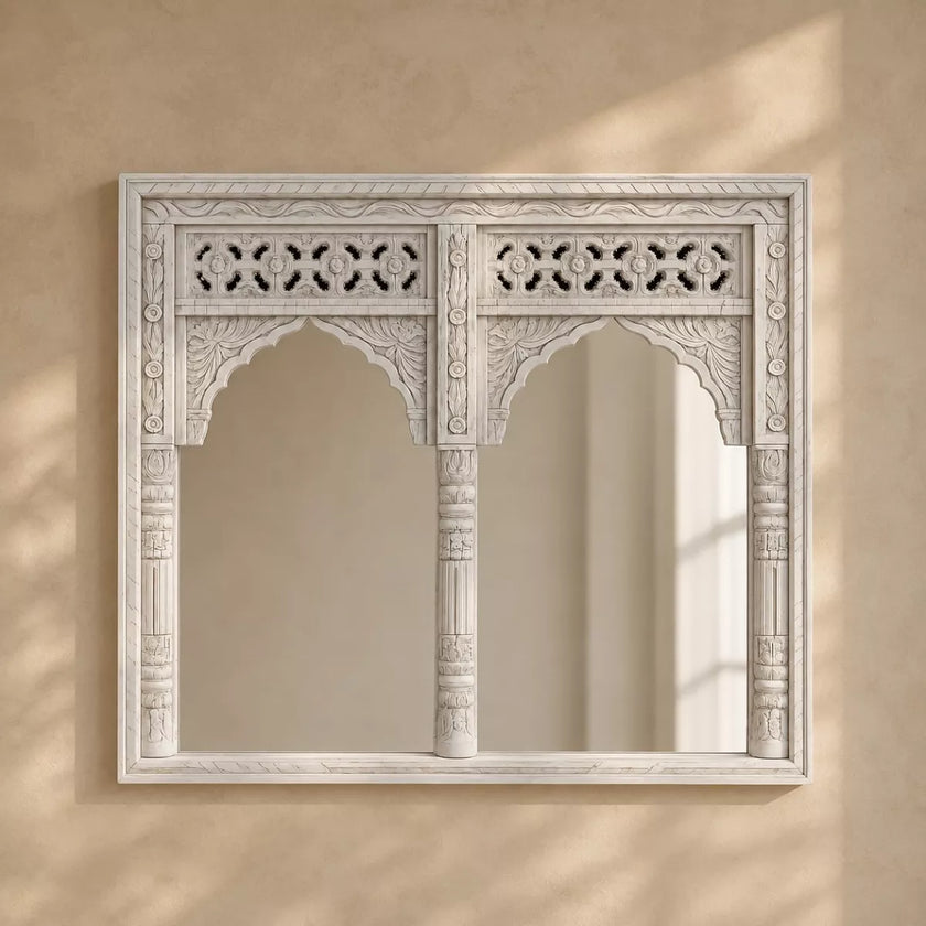 Eka Carved Dressing Table with Mirror in Distressed White