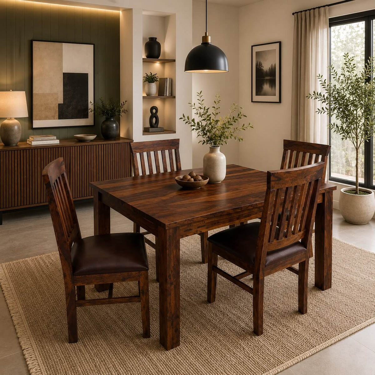 A dark brown wooden dining table with four matching slatted-back chairs, styled in a modern dining room setting with a woven rug, sideboard, and plants.