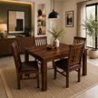 A dark brown wooden dining table with four matching slatted-back chairs, styled in a modern dining room setting with a woven rug, sideboard, and plants.