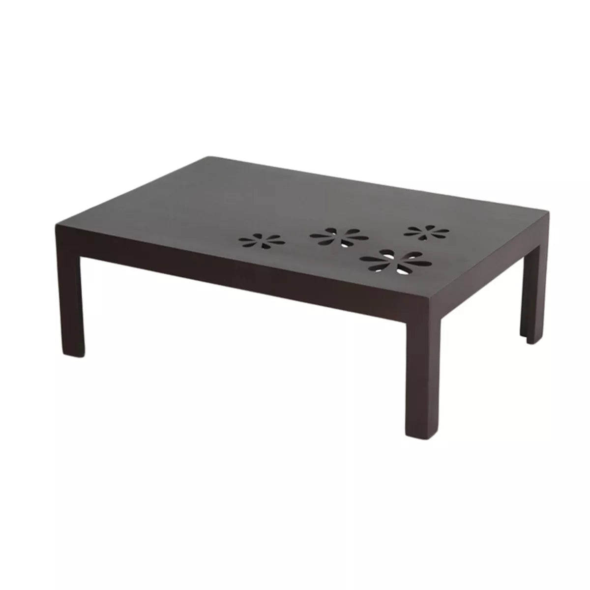 Flower carved sheesham center table in dark finish with floral cut-outs