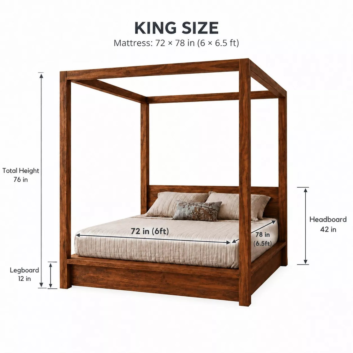Hamilton Sheesham Wood Open Canopy Bed with Low Headboard - King Size Dimensions