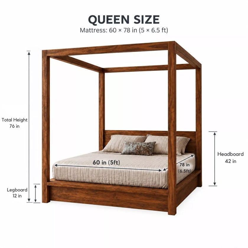 Hamilton Sheesham Wood Open Canopy Bed with Low Headboard - Queen Size Dimensions