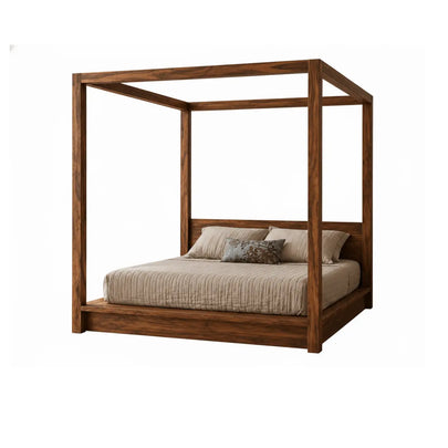 Wooden canopy bed with bedding on a white background