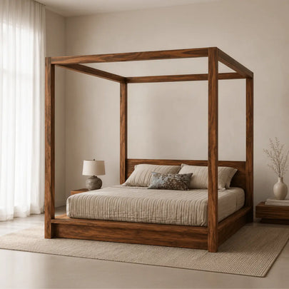 Wooden canopy bed in a bedroom setting with neutral decor.