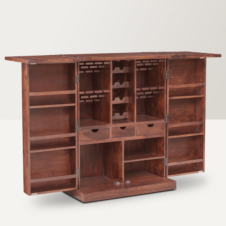 Luxury Sheesham Wood Expandable Modern Diamond Bar Cabinet