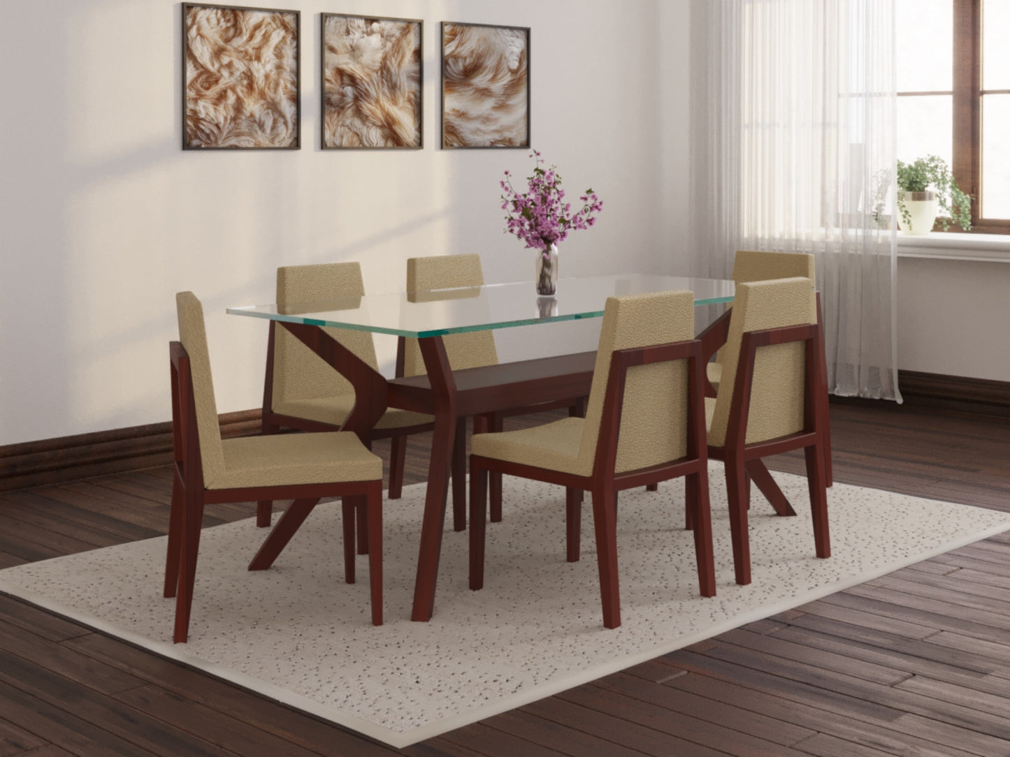 Hendrick Dining Table in Mango Wood with 6 Chairs with Fabric Seating in Modern Design