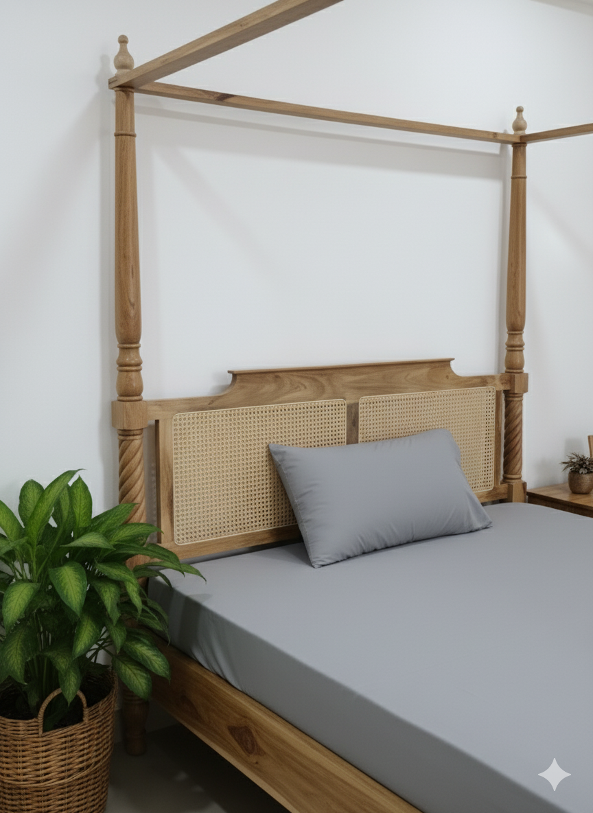 Solid Wood Rattan Poster Bed – Customizable Handmade Canopy Bed By induscraft